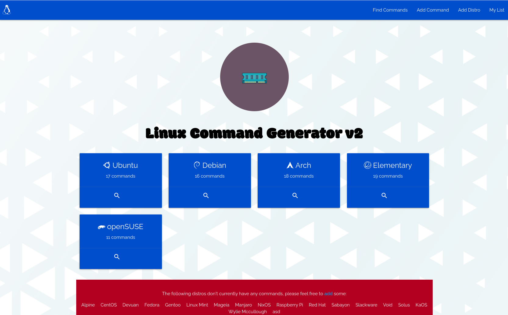 Screenshot of Linux Command Generator homepage (links to live version)